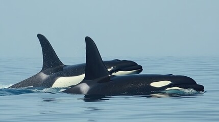 Fototapeta premium Pod of killer whales swimming together, their black and white patterns distinct in the clear blue waters of the open ocean