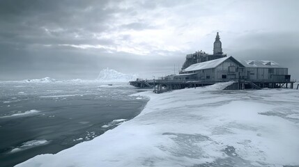 Polar research station at the edge of the Weddell Sea, surrounded by ice and glaciers under an overcast sky