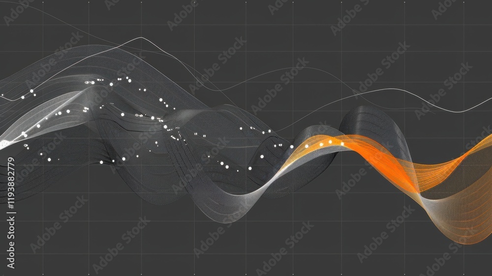 Poster dynamic abstract waves in gray and orange, representing data visualization and analytics. flowing li