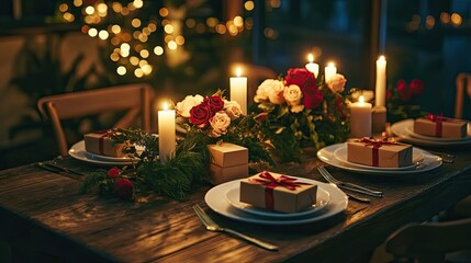 Romantic Valentine's setting with flickering candles, beautiful roses, and gift boxes arranged on a rustic wooden table in a charming kitchen.