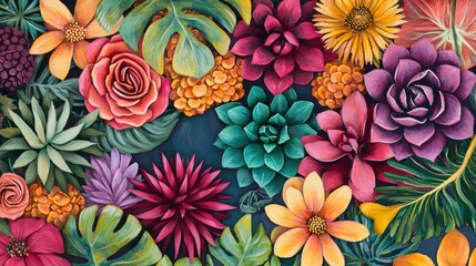 Fototapeta premium Vibrant Floral Arrangement with Succulents and Tropical Leaves