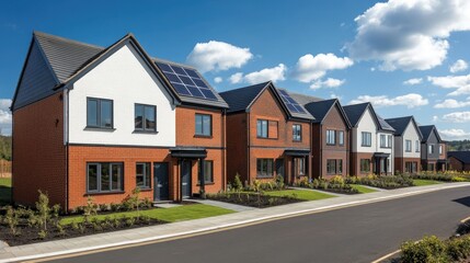 Row of contemporary homes with solar-panel-fitted roofs, bright sunlight and blue sky in the background, emphasizing renewable energy in housing