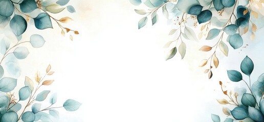 Gold and Green Leaf Wreath Watercolor Template for Wedding Invitation Card and Floral Poster