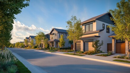Row of new, contemporary-style houses with driveways, trees, and a well-maintained neighborhood street, highlighting modern residential design