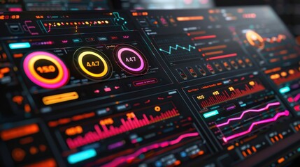 Futuristic digital dashboard with vibrant graphs and data displays, showcasing analytics and metrics in neon colors