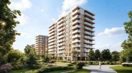 Scandinavian-inspired residential building with a clean, modern design and natural wood finishes, standing tall under a sunny blue sky