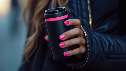 Black nails with bold pink tips, holding a sleek travel mug in a trendy street-style composition.