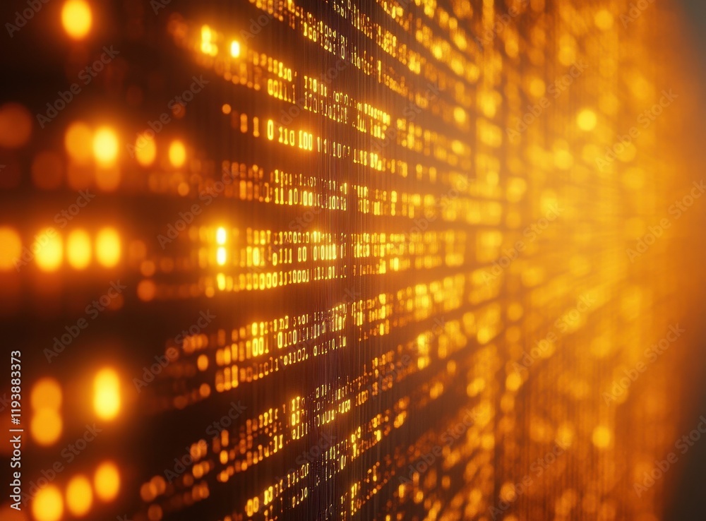 Poster abstract view of a glowing digital wall with vibrant orange binary code streams illuminating the bac