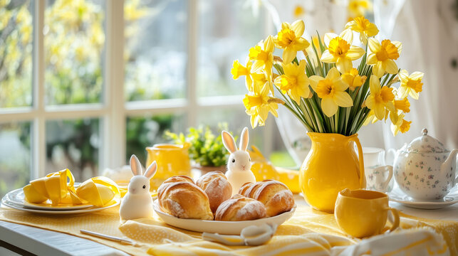 A picturesque Easter breakfast table with yellow napkins, bunny-shaped bread rolls, and a vase of blooming daffodils