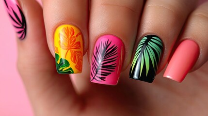 Creative summer-inspired nail designs with bright, vivid hues and artistic patterns, captured in a trendy manicure photo.