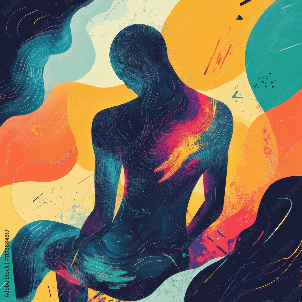 Fototapete person experiencing pain surrounded by abstract waves and sharp shapes in vibrant colors and contras