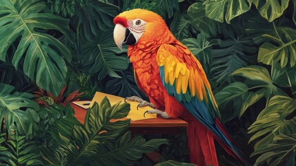 Colorful Parrot Perched on Table Amidst Lush Tropical Foliage