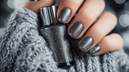 Elegant gray manicure on long nails, holding a matching metallic gray nail polish bottle, with soft fabric in the background.