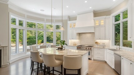 Elegant kitchen design with a matte white fridge, smooth granite counters, and clean-lined shelving units, accented with soft lighting.