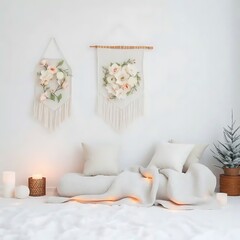White Room Decor with Floral Wall Hangings and Cozy Seating