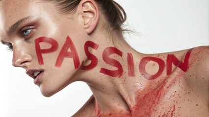 A powerful portrait showcases the word PASSION in fiery red letters splashed across the models . The vivid hue enhances the intensity in their gaze creating an evocative interplay
