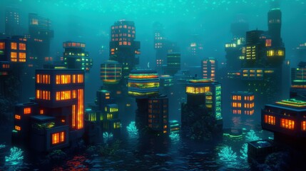 Illuminated Underwater Cityscape with Neon Lights and Coral