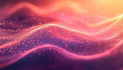 Fototapeta premium Abstract Waves of Light and Color with Sparkling Particles Creating a Dreamy and Ethereal Visual Experience in Warm Hues of Purple, Pink, and Orange