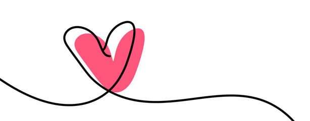 Minimalist pink heart with a continuous black line, symbolizing connection and love. Vector illustration.