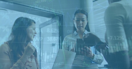 Image of financial data processing over diverse business people in office