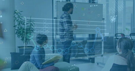 Image of financial data processing over diverse business people in office