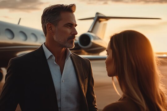 Business Professionals Engaged in Conversation Near a Luxurious Private Jet Against a Stunning Sunset Background, Capturing the Essence of Success and Networking in a Glamorous Setting.