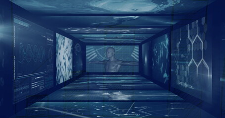 Image of scientific and medical data processing in room of giant interface screens