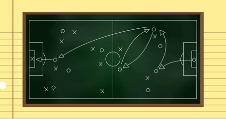 Fototapeta premium Image of football sports field with tactics and strategy drawings on ruled paper background