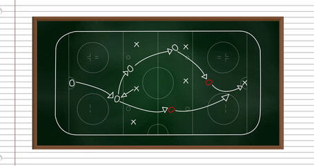 Fototapeta premium Image of ice hockey sports field with tactics and strategy drawings on ruled paper background