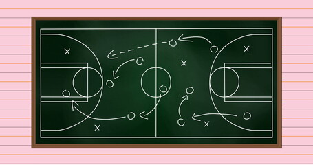 Fototapeta premium Image of basketball sports court with tactics and strategy drawings on ruled paper background