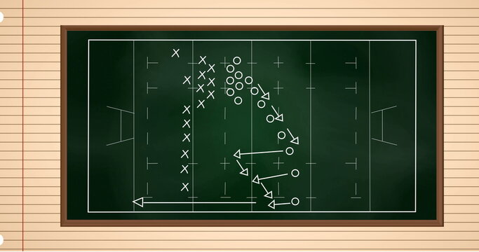 Image of rugby sports field with tactics and strategy drawings on ruled paper background