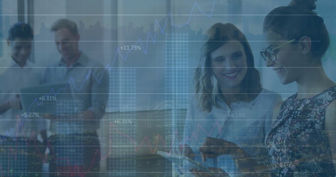 Image of data processing and diagrams over diverse business people discussing work