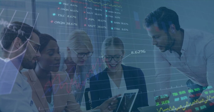 Image of data processing and diagrams over diverse business people discussing work