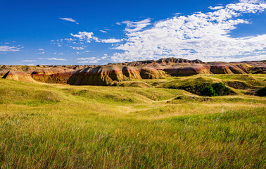 Rugged multi color plains, mountains and valleys of Badlands National Park near Wall, South Dakota