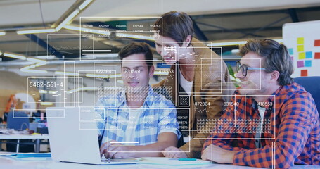 Image of financial data processing over diverse business people in office