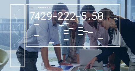 Image of financial data processing over diverse business people in office