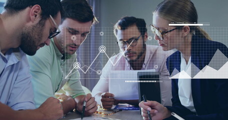 Image of financial data processing over diverse business people in office