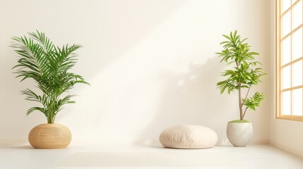 Cozy indoor space with green plants and a white backdrop for relaxation and rejuvenation