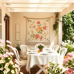 Floral Tapestry Adorns Elegant Outdoor Dining Setting
