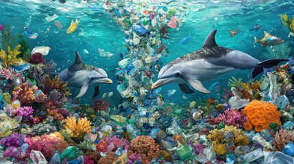 Fototapeta premium Underwater Scene with Dolphins and Colorful Coral Reef
