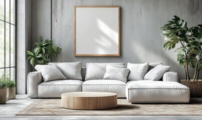 Minimalist Living Room Mockup Cozy Gray Sofa Scandinavian Design Natural Lighting
