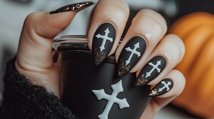 Halloween nails in black and white with subtle cross details, photographed with a pumpkin spice latte.