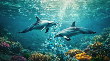 Obraz premium Playful Dolphins Swimming in Vibrant Coral Reef Underwater Scene