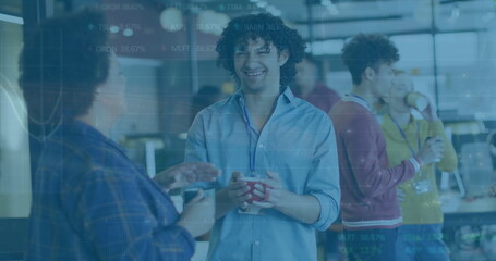 Image of financial data processing over diverse business people in office