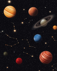 Planets and constellations in starry sky create celestial scene