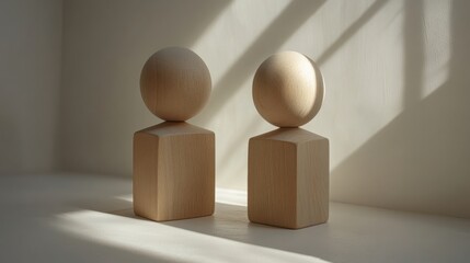 Minimalistic wooden figurines representing two people, showcasing simplicity and elegance in design, beautifully lit by natural sunlight streaming through a window.