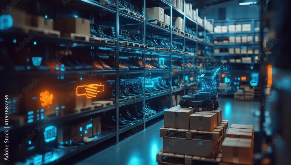 Poster advanced warehouse management with robots and high-tech automation for efficient logistics operation