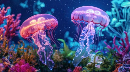 Fototapeta premium Colorful Jellyfish Floating Above Vibrant Coral Reef in Aquarium