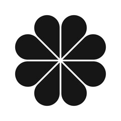 Flower silhouette with 8 petals. Floral diagram or pie chart divided on equal eight segments in leaf shapes isolated on white background. Layout for data presentation. Vector graphic illustration.