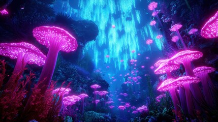 Naklejka premium Enchanted Forest with Glowing Mushrooms and Vibrant Blue Lights